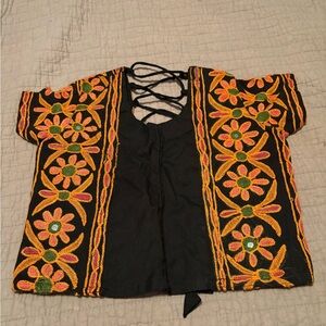 Embroidered Black Cotton Kids Top with Orange Floral Detailing